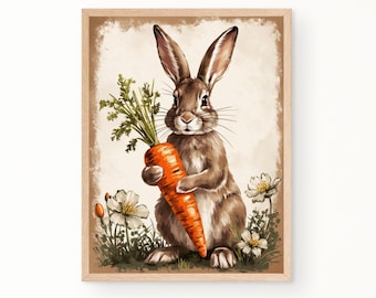 Vintage Easter Bunny Print, Carrot, Neutral Nursery Decor (Digital Download)