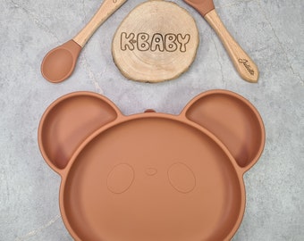 Set repas assiette ventouse couverts enfant personnalisée, cadeau de naissance, cadeau bébé, Set repas Silicone personnalisé anniversaire