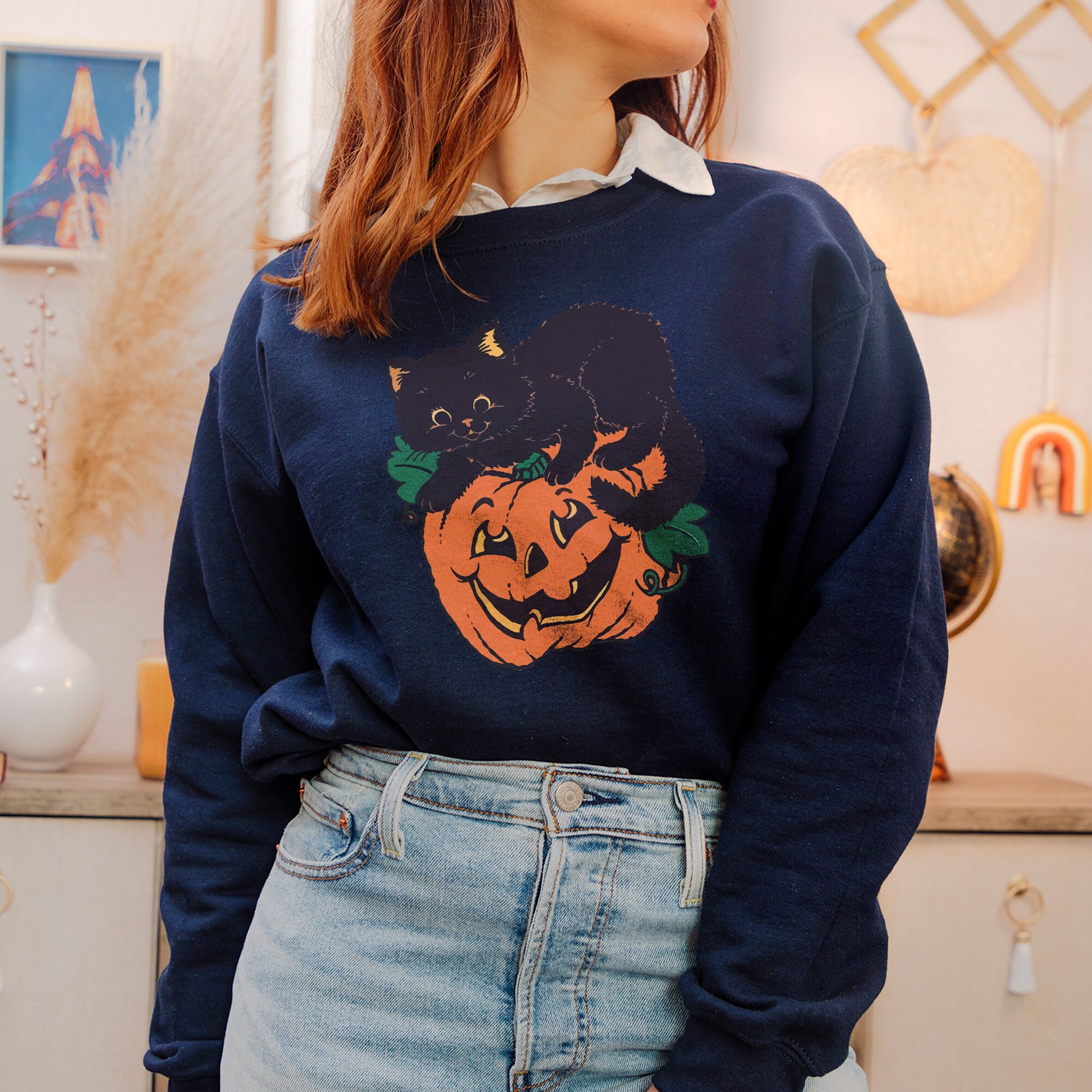 Discover Vintage Black Cat on Pumpkin Sweatshirt | Black Cat Sweater | Halloween Black Cat