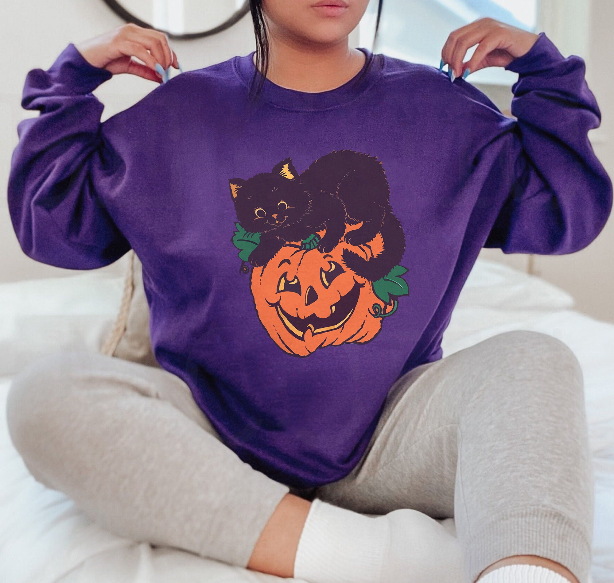 Discover Vintage Black Cat on Pumpkin Sweatshirt | Black Cat Sweater | Halloween Black Cat