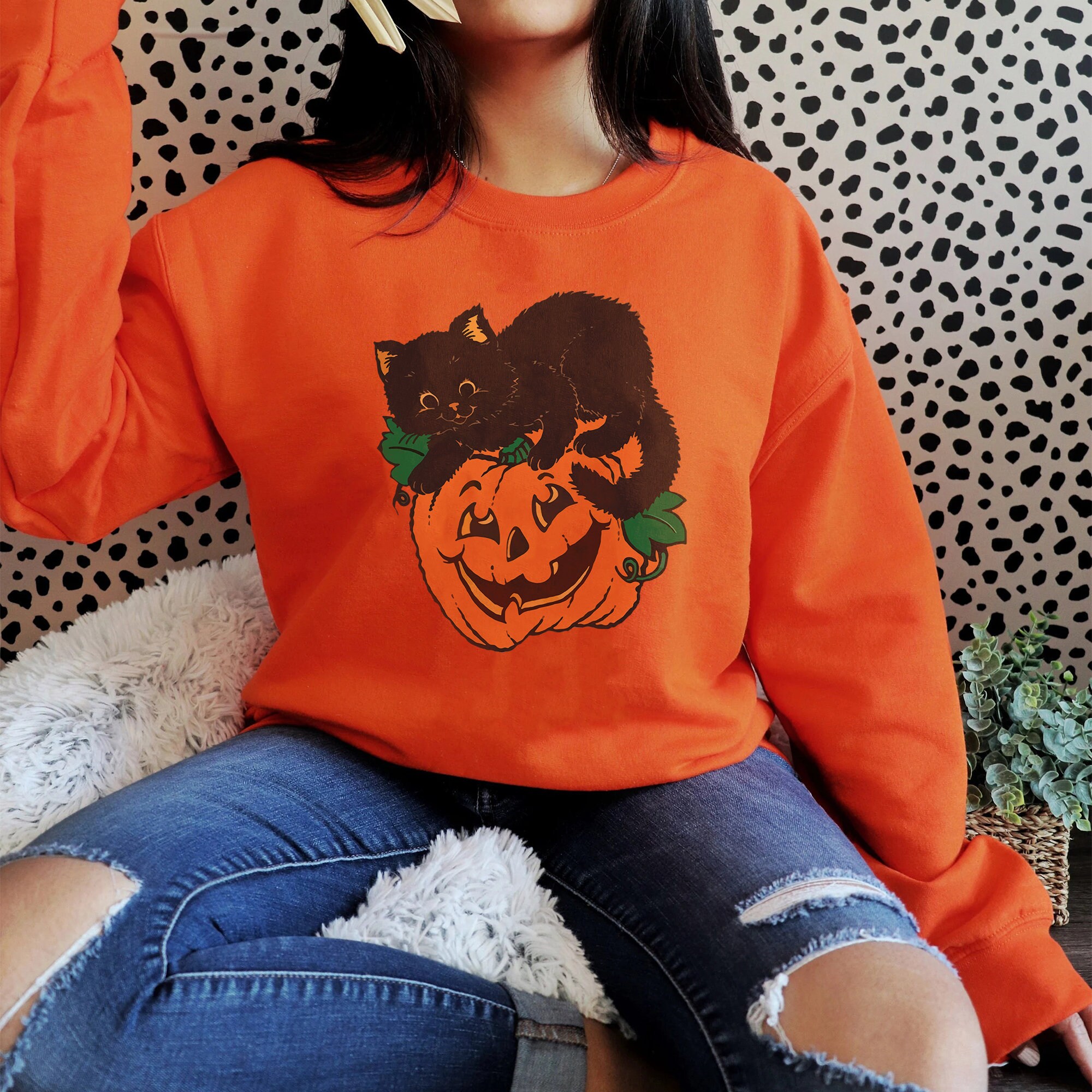 Discover Vintage Black Cat on Pumpkin Sweatshirt | Black Cat Sweater | Halloween Black Cat