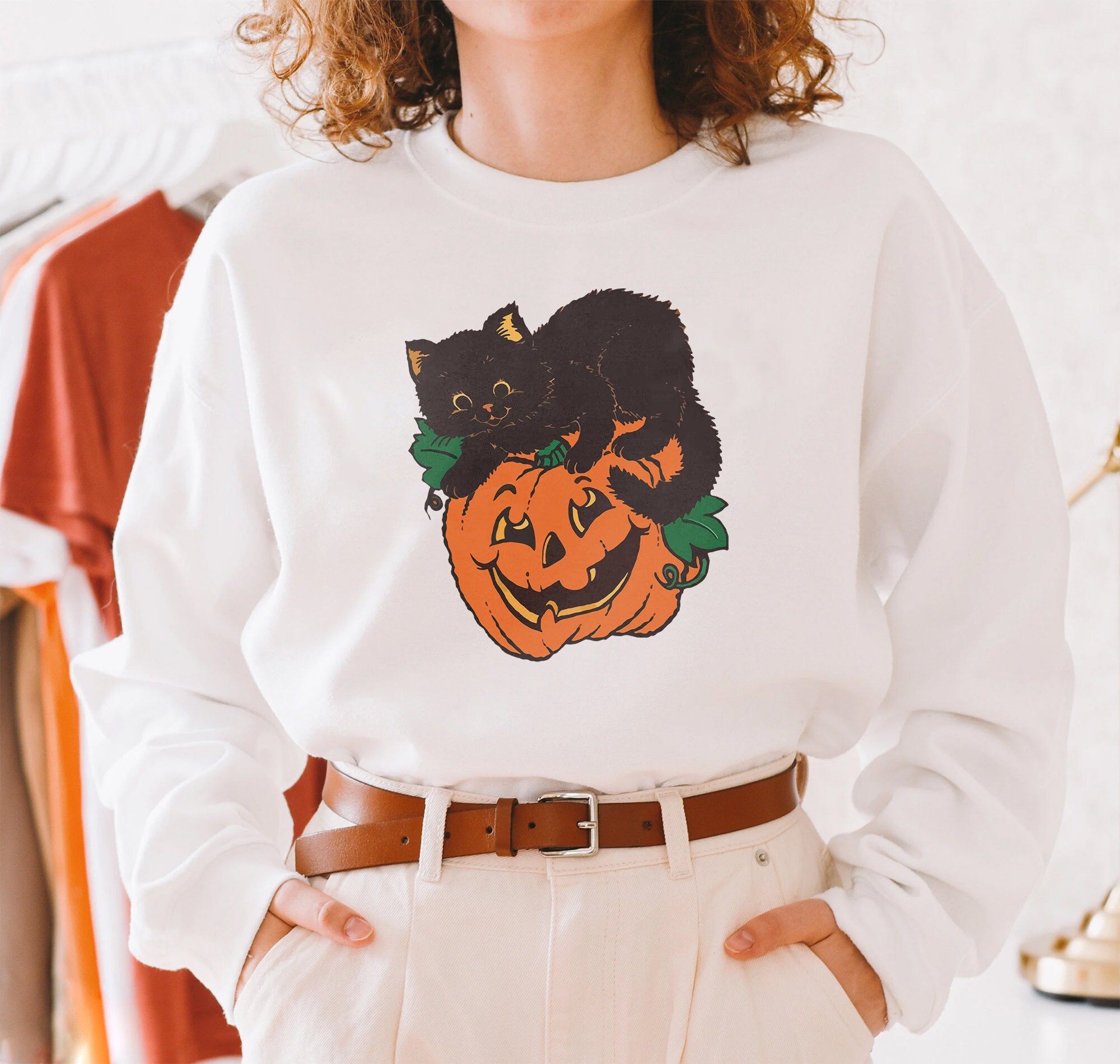 Discover Vintage Black Cat on Pumpkin Sweatshirt | Black Cat Sweater | Halloween Black Cat