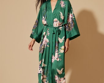 Bata kimono Green Garden Crane, bata de descanso de satén floral, regalo del día de la madre para ella, mamá, bata de baño
