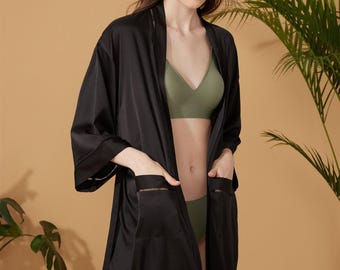 Elegant Black Satin Robe, Hollow Out Detail, Luxury Loungewear,Mother's day gift for her,mom, Bathrobe