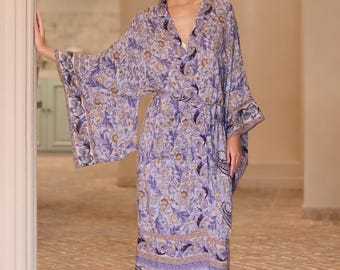 Bata kimono de algodón con estampado de flores de vid, bata de boda, regalo del Día de la Madre para ella, mamá, ropa de estar por casa de lujo