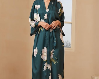 Anemone Floral Kimono Robe, Luxury Satin Loungewear, Mother's day gift for her,mom, Luxury Bathrobe