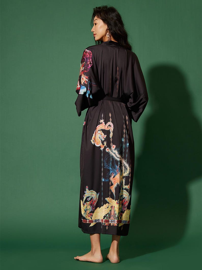 Dragon Phoenix Kimono Robe, Satin Loungewear, Eastern Artistry, Mother ...