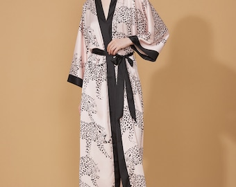 Bata kimono con estampado de leopardo rosa, ropa de estar por casa de satén sedoso de lujo, regalo del día de la madre para ella, mamá, bata de baño