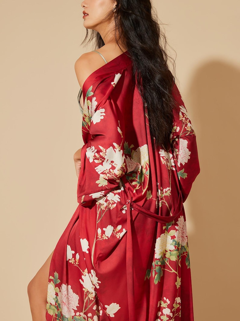 Floral Red Kimono Robe Dressing Gown, Wedding Robe, Christmas Gift ...