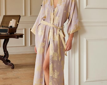 Reversible Lavender & Gold Jacquard Kimono Robe, Satin Dressing Gown, Mother's day gift for her, mom, Bathrobe