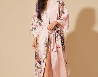 Bata kimono con estampado floral de pavo real, ropa de estar por casa de satén rosa, regalo del día de la madre para ella, mamá, bata de baño de lujo
