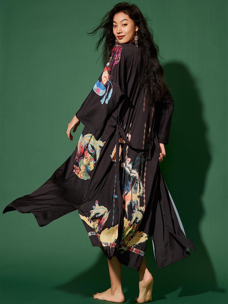 Dragon Phoenix Kimono Robe, Satin Loungewear, Eastern Artistry, Mother ...