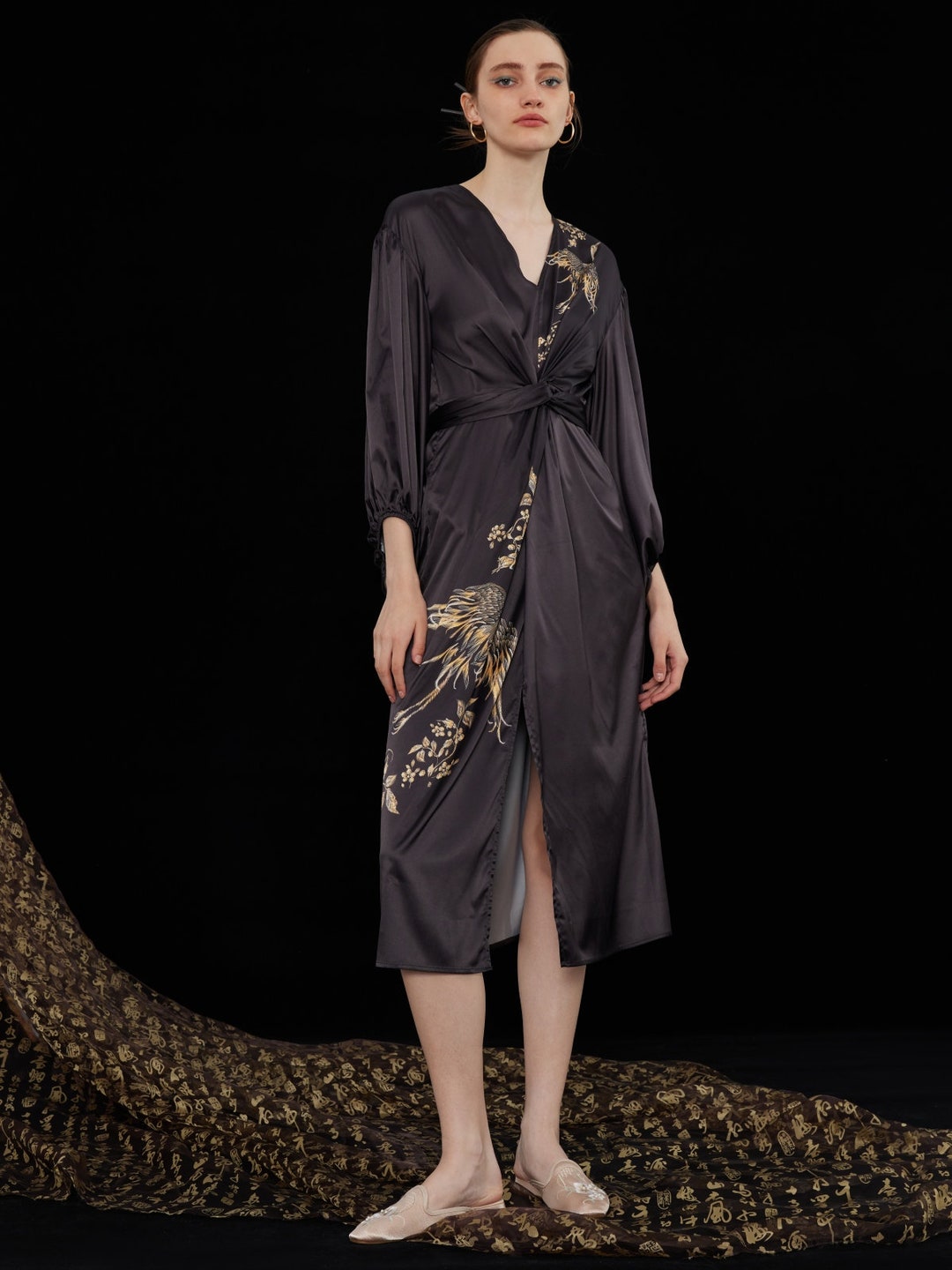 Oriental Phoenix Print Wrap Dress, Silky Charmeuse Robe, Mother's Day ...