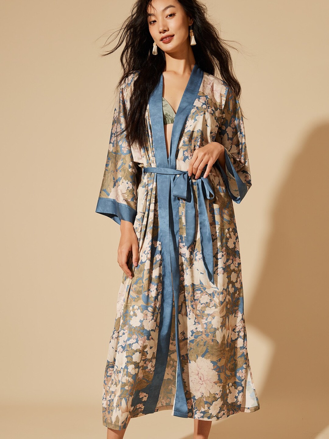 Floral Kimono Robe, Gray Garden Print, Silky Satin Loungewear, Mother's ...