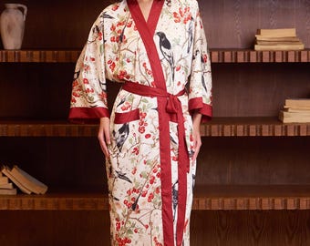 Bata kimono Red Magpie, ropa de estar por casa de satén floral, regalo del Día de la Madre para ella, mamá, bata de baño de lujo