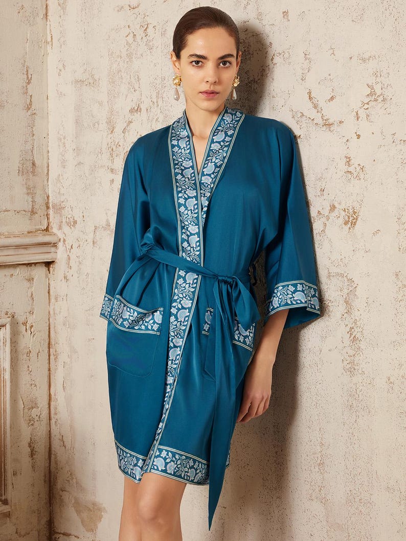 Dark Blue Satin Kimono Robe, Floral Print Loungewear, Luxury Mother's ...