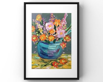 Colorful flowers in a blue vase on a dinning table Original Acrylic painting