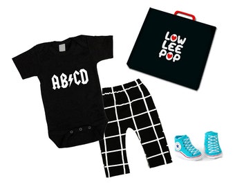 ROCKSTAR BABY KIT abcd one piece, Black and White Plaid Pants, Sneaker Socks & optional gift box