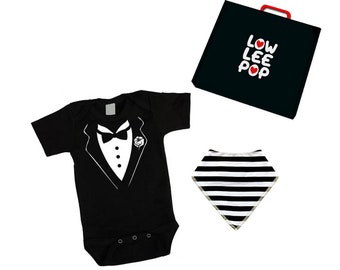 Tuxedo Rockstar Kit black one piece and striped bandana Bib