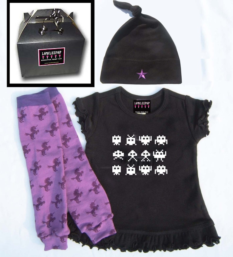 Punk Rock 80's BABY or TODDLER Girl Gift Set unicorns space invaders LEG WARMERS MINI DRESS HAT GIFT BOX image 1