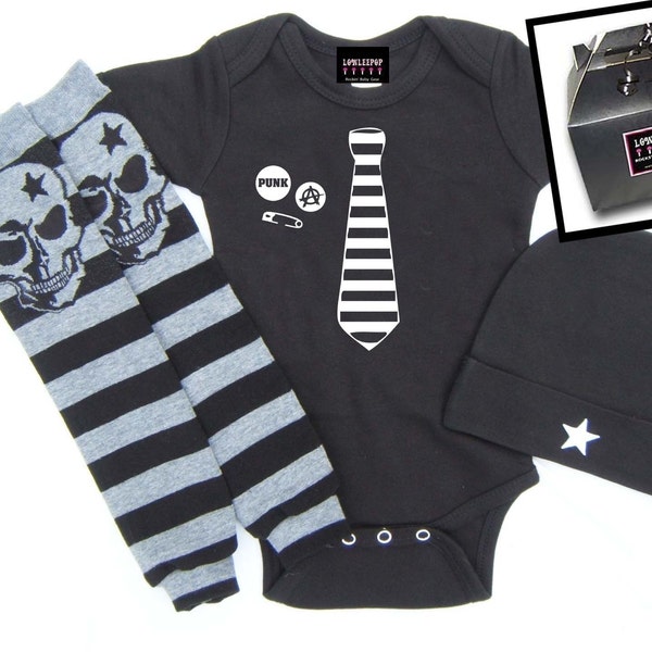 Punk Rock Baby BOY Rockstar Kit black neck tie onesie leg warmers hat gift box YOU CHOOSE IMAGE