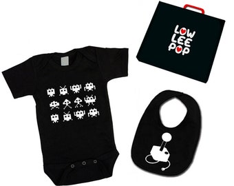 Punk Rock Baby Boy or Girl 80's Rockstar Kit black creeper and joystick Bib