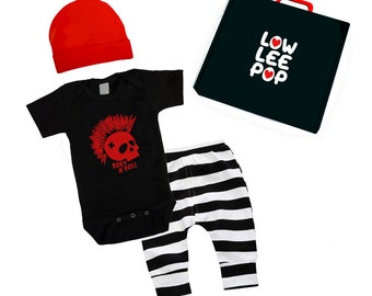 ROCKSTAR BABY KIT Red Skull on black one piece stripe pants red hat & optional gift box