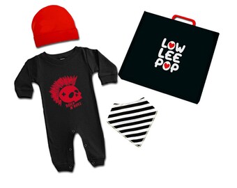 ROCKSTAR BABY KIT Red Skull on black long sleeve romper, red hat, striped bib & optional gift box