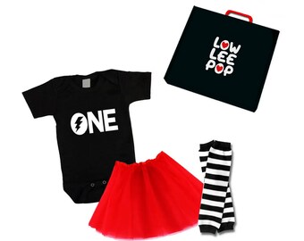 ROCKSTAR BABY Kit ONE black onesie Red tutu striped leg warmers & optional gift box