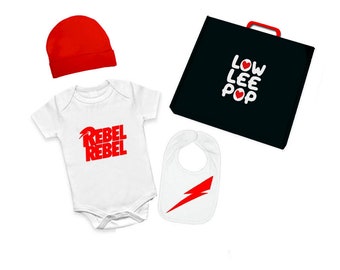 ROCKSTAR BABY KIT Rebel Rebel white onesie red hat, lightning bolt bib & optional gift box