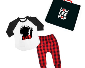 ROCKSTAR KIT Toddler Mohawk raglan shirt with red plaid pants & optional gift box 3T