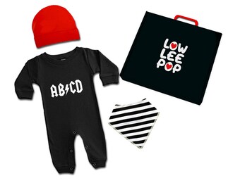 ROCKSTAR BABY KIT abcd on black long sleeve romper, red hat, striped bib & optional gift box