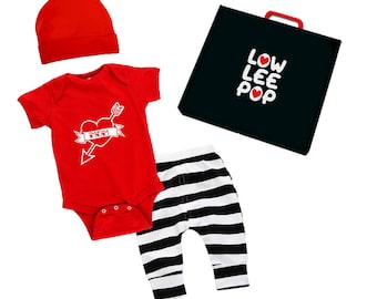 ROCKSTAR BABY KIT Red Mom tattoo one piece, stripe pants,  red hat & optional gift box