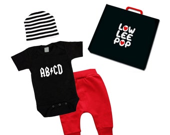 ROCKSTAR BABY KIT abcd black one piece red pants striped hat & optional gift box