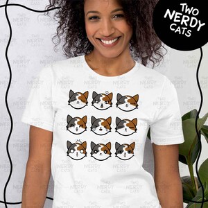 Nerdy Cats Cartoon Calico Shirt, Tshirt with Cat Faces, Crazy Cat Lady Gift, Kitty Emotion Tee, Pet Parent Present, Cute Pet Owner Shirt