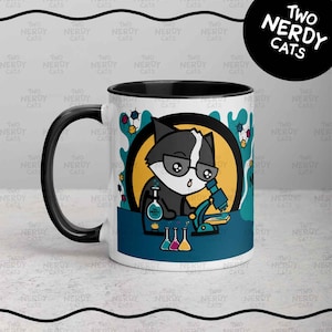 Geeky Cat Chemistry Coffee Mug, Science Teacher Gift for Cat Lover, Unique Chemist Scientist Tea Cup, Cute Cartoon Pet in Colorful Lab Art