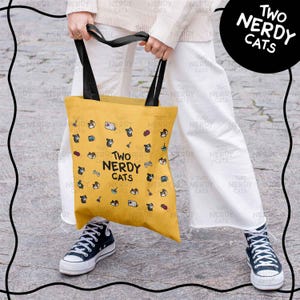 Nerdy Cat Tote bag with Geeky Gadgets, Nerdy Items Graphic, Yellow Tote for Everyday Use, Gift for Gamers, Bag for Geeks, Cute Cat Craft bag