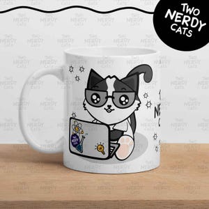 Geeky Computer Programmer Cat Mug, Nerdy Cat on Computer, Software Developer Gift, IT Tech Coffee Cup, Cartoon Tuxedo Cat Art, Coding Humor