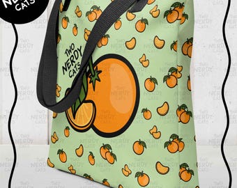 Green Tropical Fruit Tote Bag with Garden Tangerine Oranges Print - by Two Nerdy Cats
