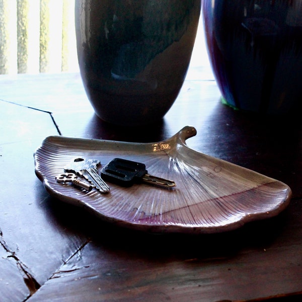 Handmade Art pottery gingko leaf small trinket tray with pale blues and mauve hues