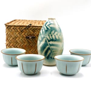 Handcrafted Celadon Ceramic Sake Set - 4 Cups Set with Vintage Signed Artist Bottle in Woven Gift Basket