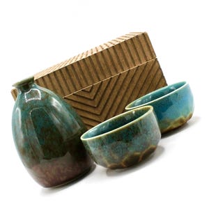 Handcrafted Kung Fu Chinese Ceramic Sake Set - 2 Cups Set with Blue glaze Bottle in Wooden Gift Box