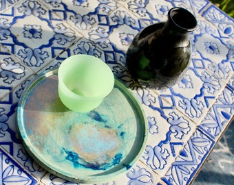 Handmade Art pottery small trinket tray in abstract style with pale greens and blues and copper hues