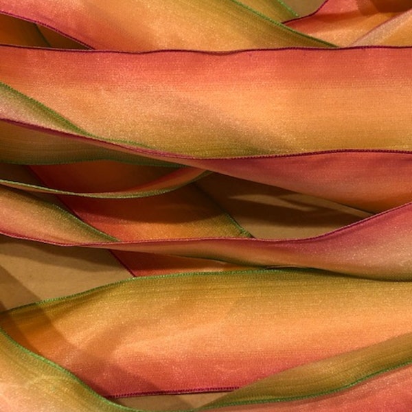 Ombre Ribbon, Green-Peach-Rose Ombre, Wired Ribbon, 3 yards,