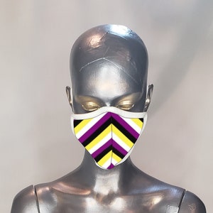 May include: A white face mask with a chevron pattern in yellow, black, and purple. The mask is worn on a mannequin's face.