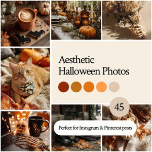 Puede incluir: Un collage de fotos estéticas de Halloween. Las imágenes incluyen un gato, calabazas, café, galletas, velas y una mano de esqueleto. El texto dice "Aesthetic Halloween Photos" y "Perfect for Instagram & Pinterest posts".