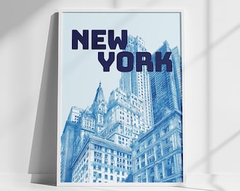 Poster di New York, stampa illustrativa dello skyline di New York, arte murale urbana, disegno di New York, poster digitale moderno