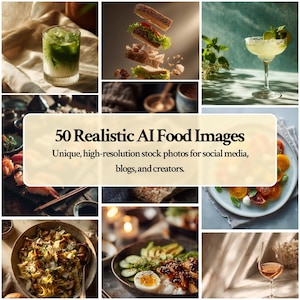 Puede incluir: Un collage de imágenes de comida, que incluye un sándwich en capas, un cóctel, sushi, pasta y un cuenco de arroz con huevo y aguacate. El texto dice "50 Realistic AI Food Images" y "Unique, high-resolution stock photos for social media, blogs, and creators."