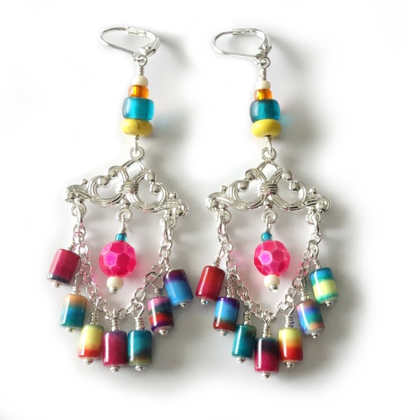 Tropical  Multicolored Earrings, Silver Chandelier, Hot Pink, Aqua Blue, Yellow, Turquoise, Green, Chain, Summer Beaded Jewelry, OOAK