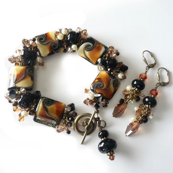 RESERVED LISTING, Lampwork Bracelet and Earrings, Black, Cream, Caramel,Topaz, Earthtones, Beaded Jewelry, Lampwork Jewelry, 2 Piece Set